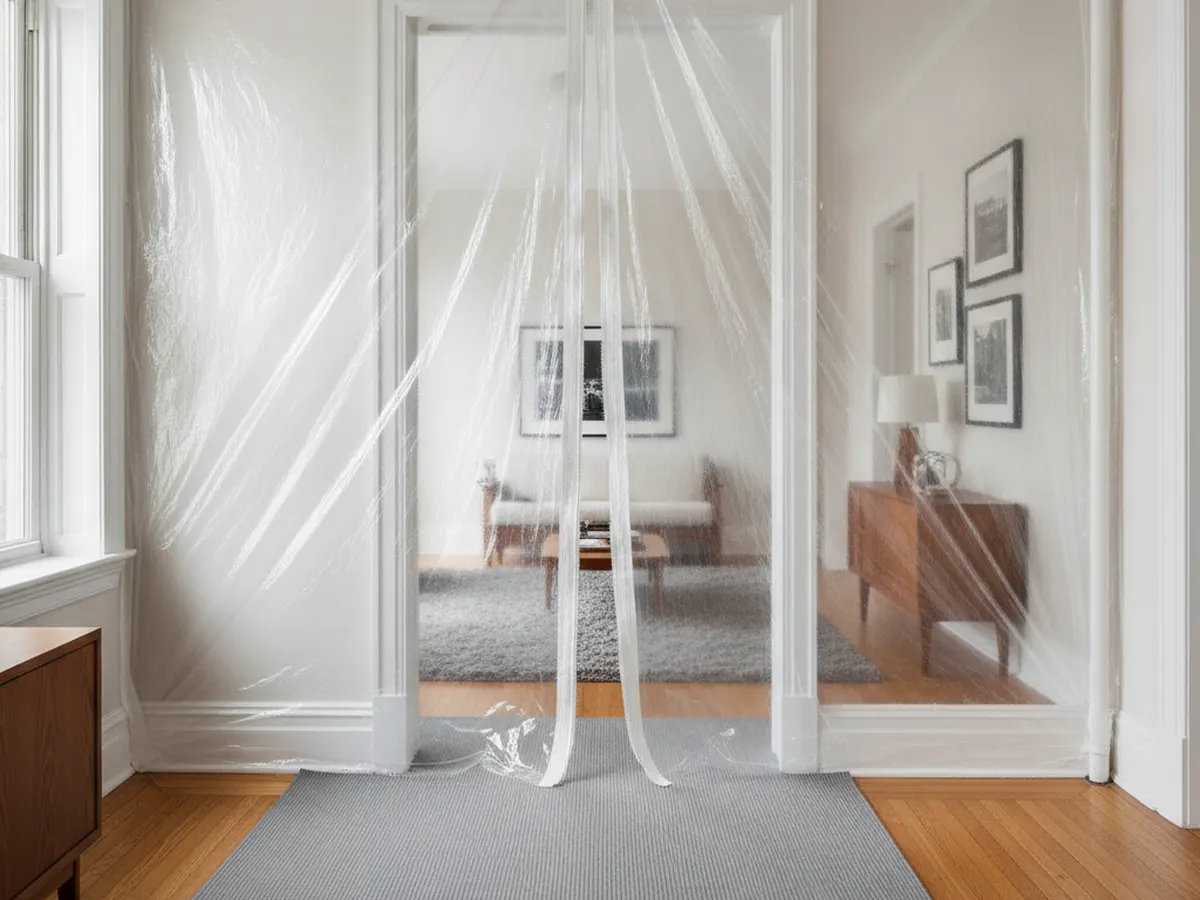 A room doorway sealed with sheeting and a zip closure, with floor protection running along the hallway outside